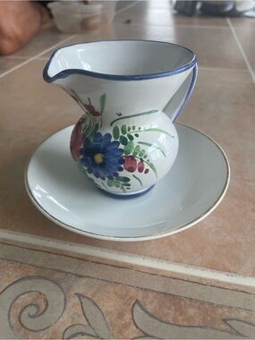 Santorelli Hand-Painted Ceramic Pitcher and Saucer with Blue Floral Accents